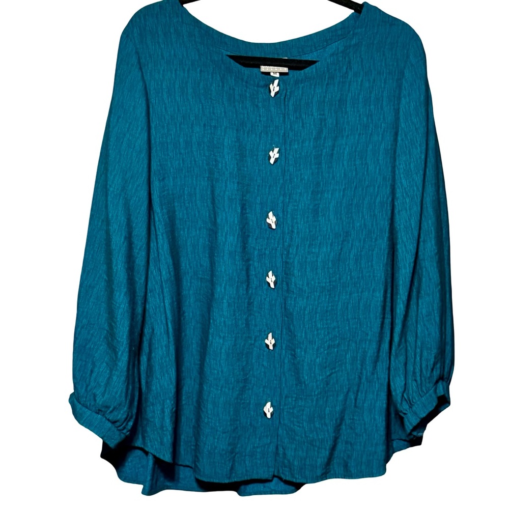 Niche Nilgun Derman Lagenlook Contemporary Teal Button Front Puff Sleeve Blouse